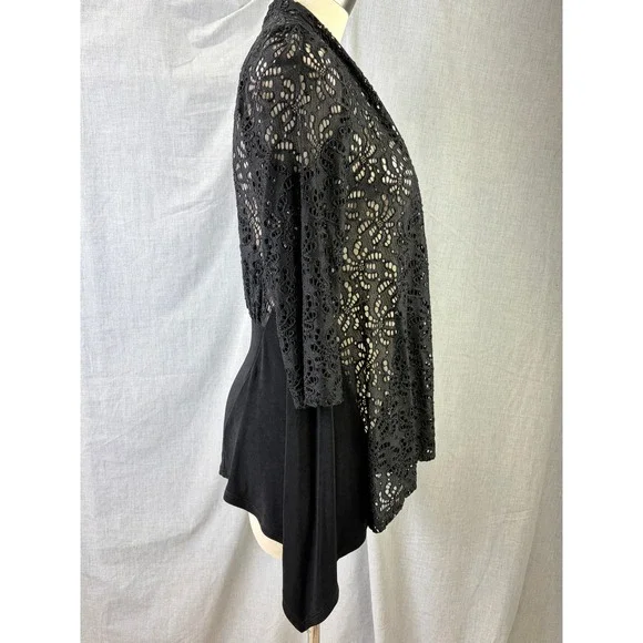 Travelers Collection by Chico's Black Lace Open Cardigan Dramatic Layering S/M - Picture 6 of 7